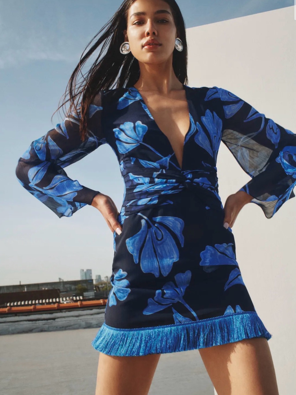 Patbo Navy And Electric Blue Floral V-Neck Mini Dress